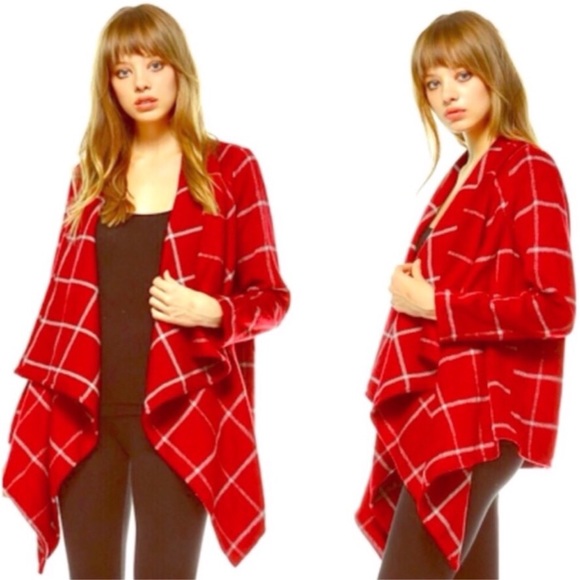Bohemian Red Plaid Draped Open Front Jacket - Picture 2 of 12